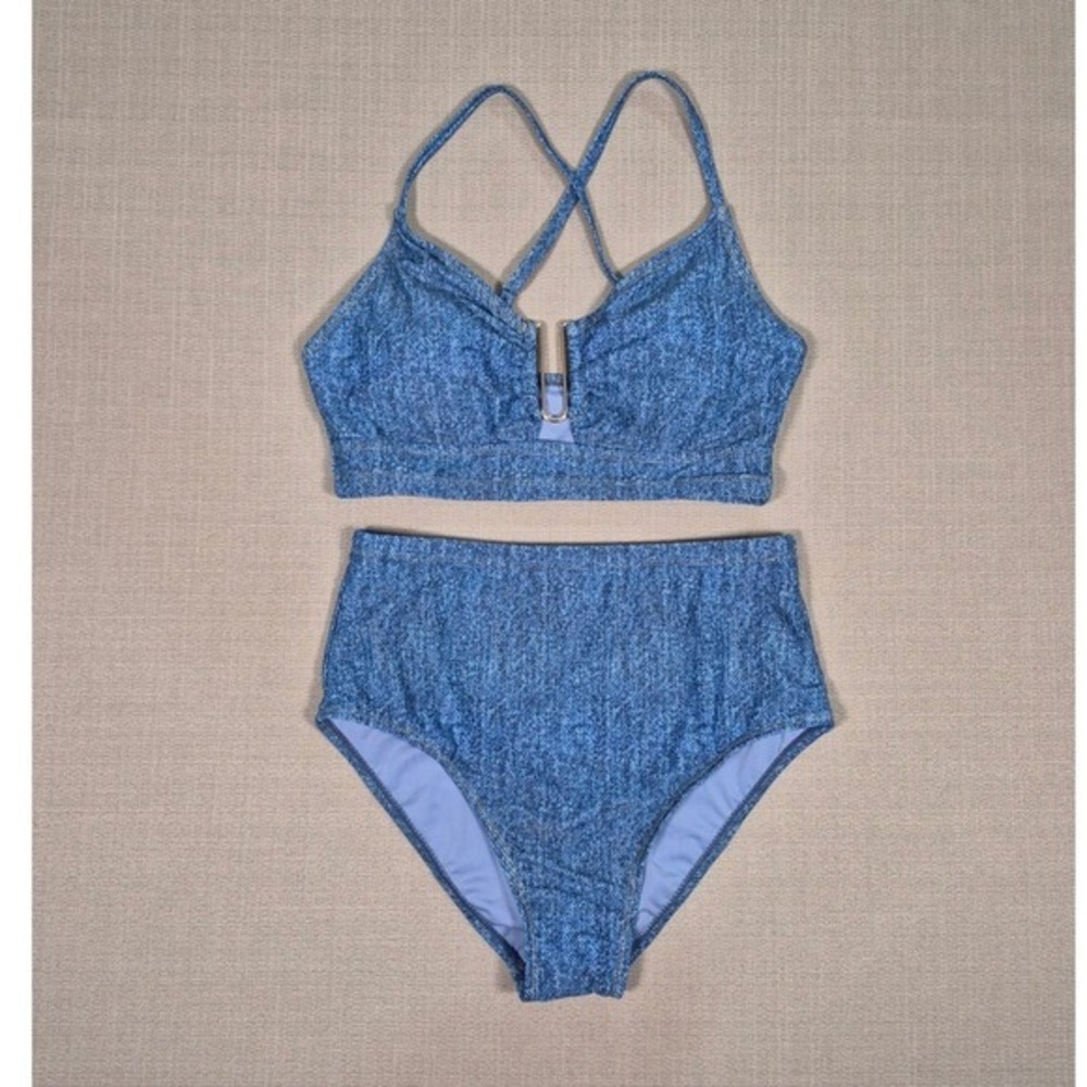 Denim‎ Print High Waisted Bikini Set Blue V-Neck Gold Hardware Womens M